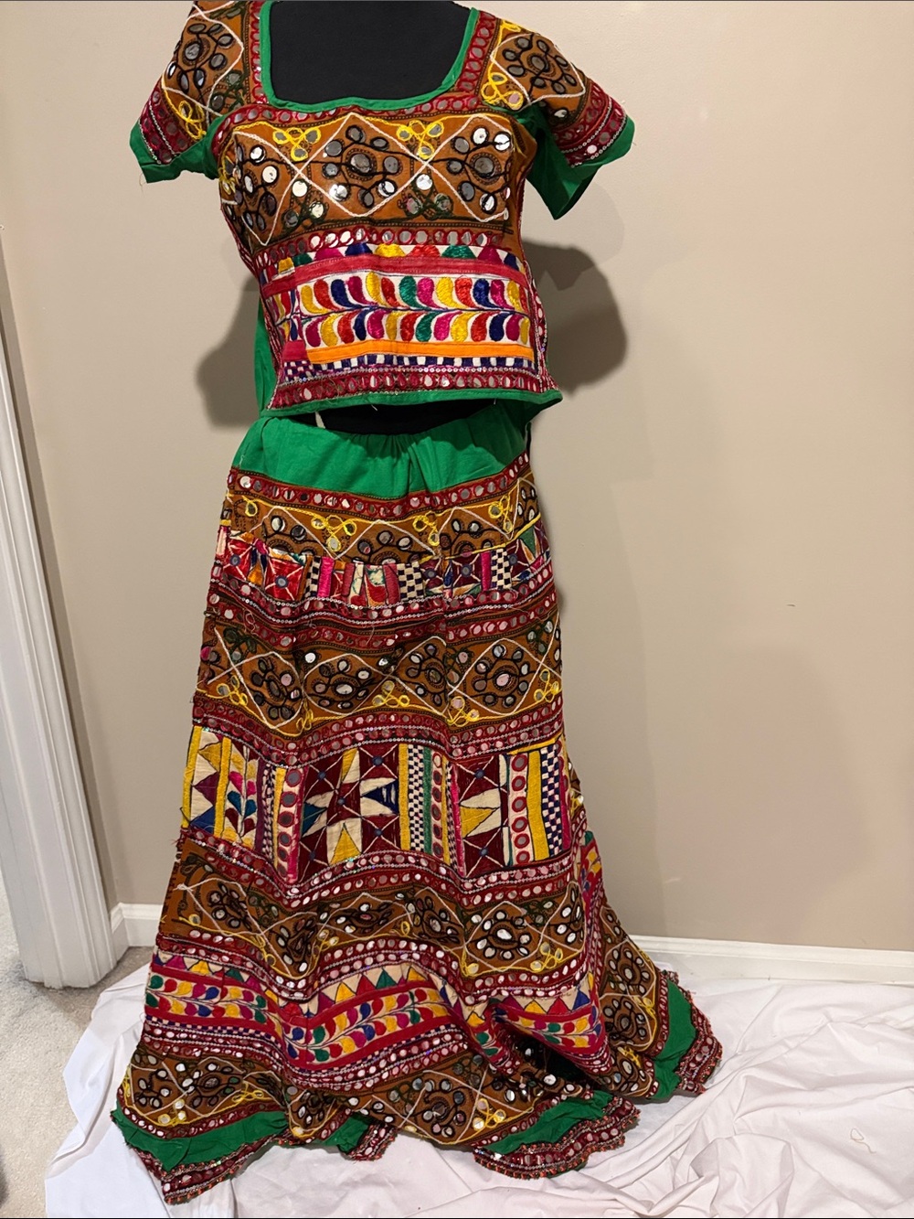 Embroidered Green Multicolor Traditional Mirror Top and Skirt Set